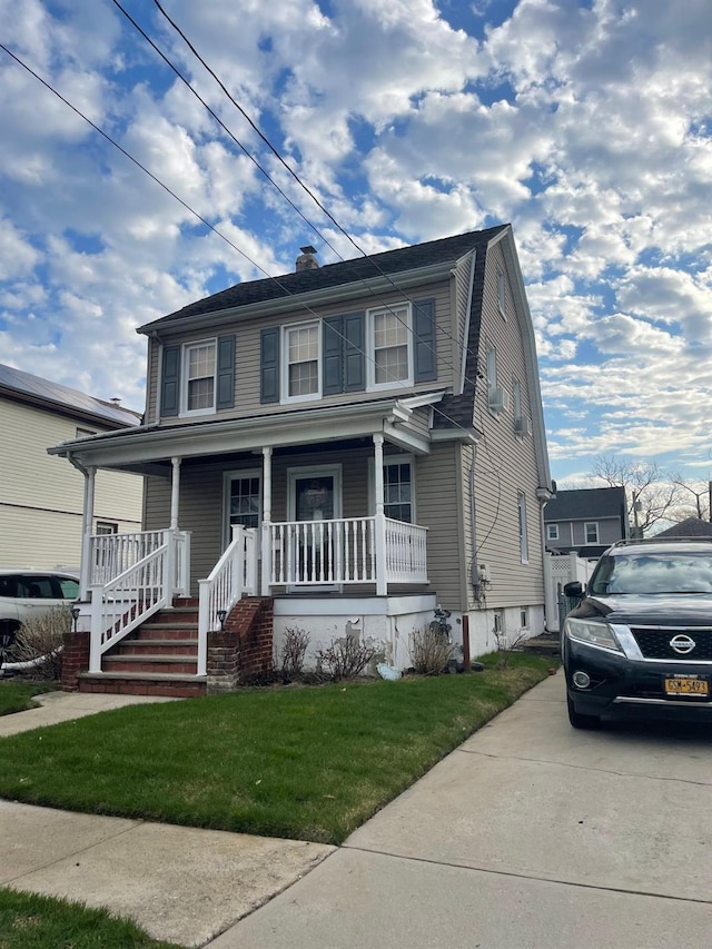 view of front of house featuring a front yard, a chimney, and covered porch