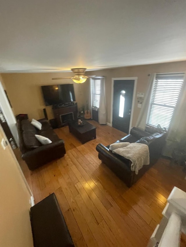 living area with ceiling fan and hardwood / wood-style floors