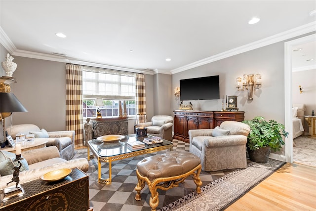 1 Christie Pl Unit 205W, Scarsdale, NY 10583 - living area featuring wood finished floors, recessed lighting, ornamental molding, and baseboards