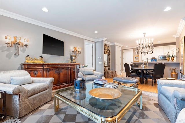1 Christie Pl Unit 205W, Scarsdale, NY 10583 - living area featuring light wood finished floors, a chandelier, recessed lighting, and ornamental molding