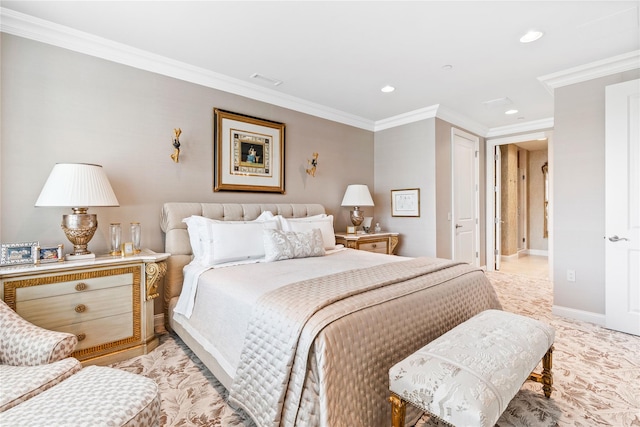 1 Christie Pl Unit 205W, Scarsdale, NY 10583 - bedroom with crown molding, recessed lighting, visible vents, and baseboards