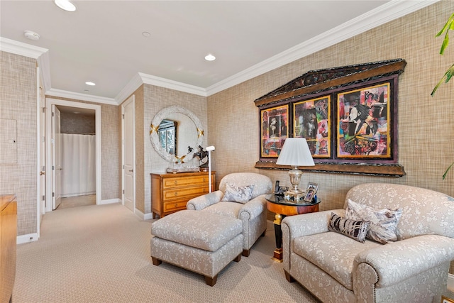 1 Christie Pl Unit 205W, Scarsdale, NY 10583 - living area with recessed lighting, baseboards, ornamental molding, wallpapered walls, and carpet floors