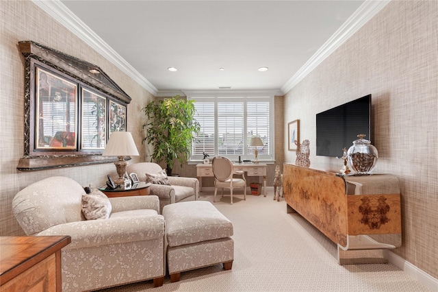 1 Christie Pl Unit 205W, Scarsdale, NY 10583 - sitting room with crown molding, wallpapered walls, and carpet