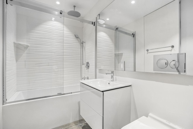 112 Wilson Park Dr, Tarrytown, NY 10591 - bathroom with recessed lighting, a combined bath / shower with rainfall shower, and vanity