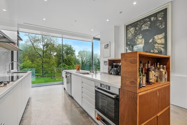 112 Wilson Park Dr, Tarrytown, NY 10591 - kitchen with a sink, a wall of windows, stainless steel appliances, white cabinets, and modern cabinets