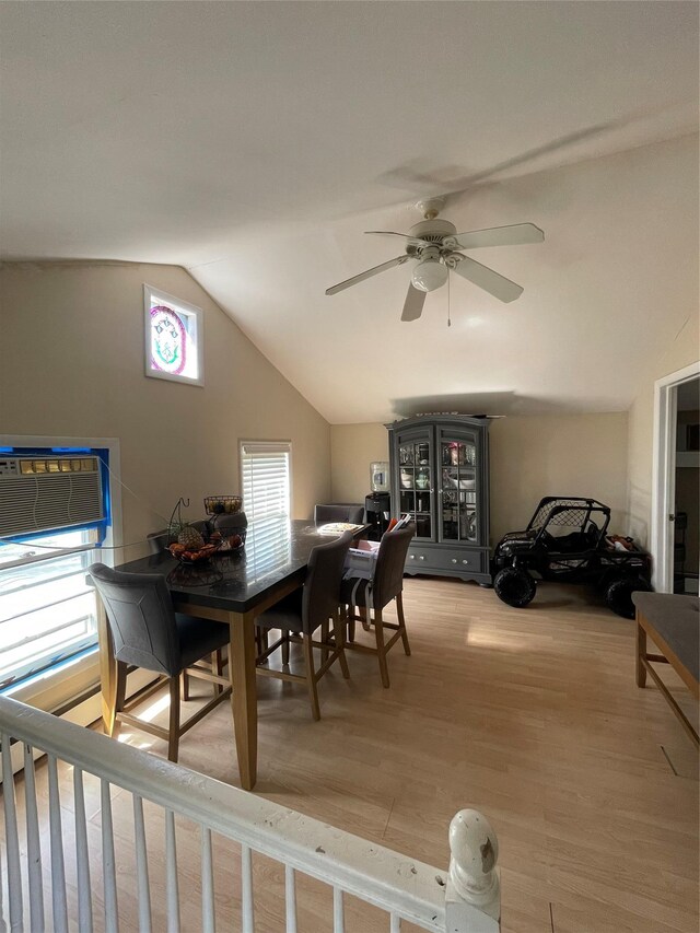 340 Rte 52, Carmel, NY 10512 - dining room with lofted ceiling, light wood-style floors, ceiling fan, and a wall unit AC