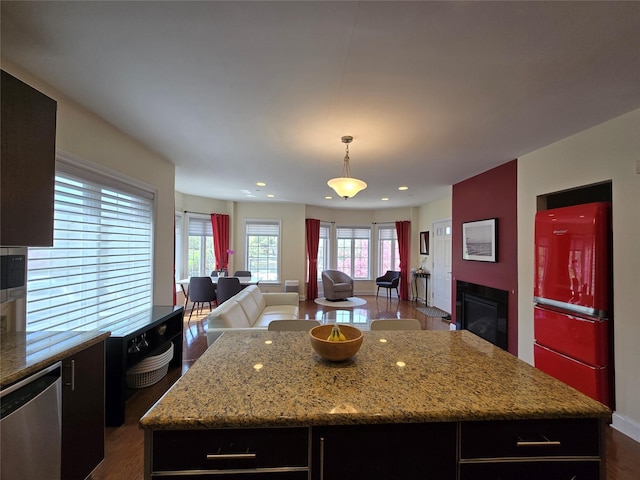 337 Park Cres, College Point, NY 11356 - kitchen with dishwasher, freestanding refrigerator, dark wood-type flooring, a kitchen island, and recessed lighting