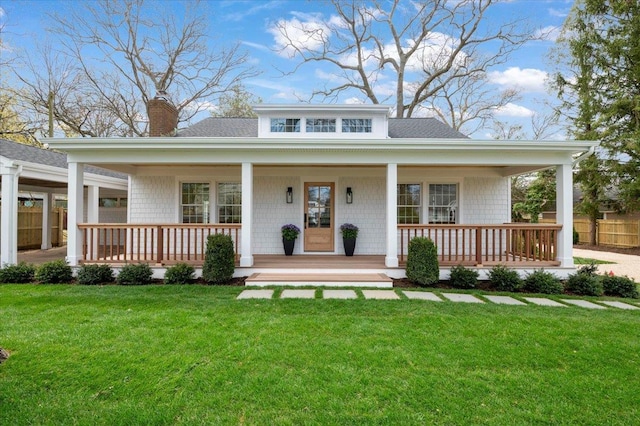1000 Washington Dr, Centerport, NY 11721 - farmhouse-style home with a shingled roof, a chimney, and a porch