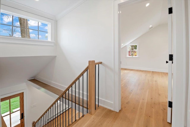 1000 Washington Dr, Centerport, NY 11721 - stairway with wood finished floors, plenty of natural light, vaulted ceiling, and recessed lighting