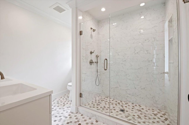 1000 Washington Dr, Centerport, NY 11721 - bathroom with a shower stall, vanity, and crown molding