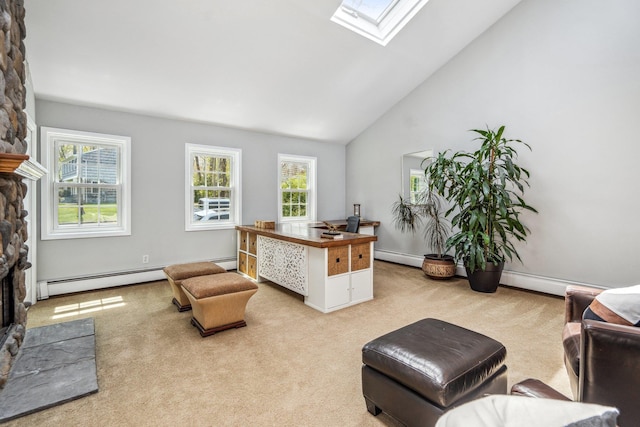 carpeted office space featuring a skylight, baseboard heating, a fireplace, and high vaulted ceiling