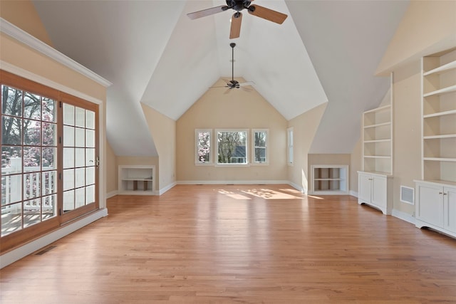 unfurnished living room with light wood-style flooring, visible vents, built in features, and ceiling fan