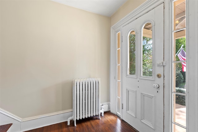 entrance foyer featuring dark wood-style floors and radiator