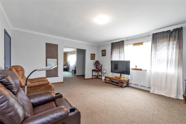 420 Old Country Rd, Melville, NY 11747 - carpeted living area featuring a baseboard radiator, plenty of natural light, and crown molding