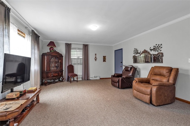 420 Old Country Rd, Melville, NY 11747 - living area featuring baseboards, carpet flooring, and crown molding