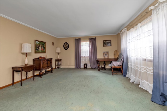 420 Old Country Rd, Melville, NY 11747 - living area featuring a baseboard heating unit, baseboards, carpet, and ornamental molding