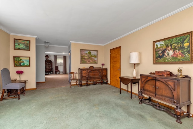 420 Old Country Rd, Melville, NY 11747 - living area with baseboards, ornamental molding, and carpet flooring