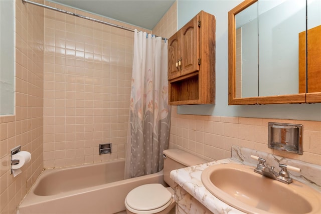 420 Old Country Rd, Melville, NY 11747 - full bath featuring shower / bath combination with curtain, toilet, vanity, tile walls, and decorative backsplash