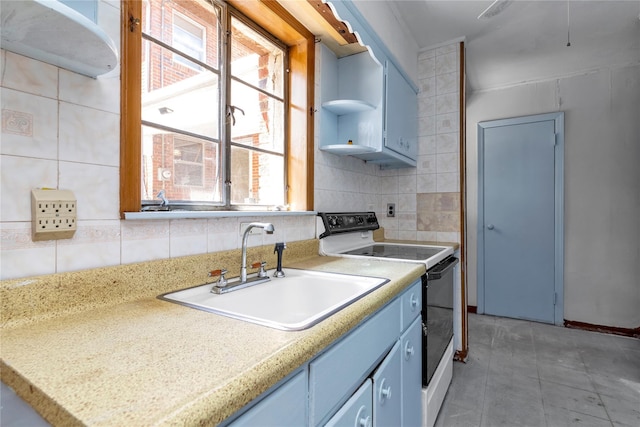 420 Old Country Rd, Melville, NY 11747 - kitchen with white electric stove, plenty of natural light, a sink, and blue cabinets