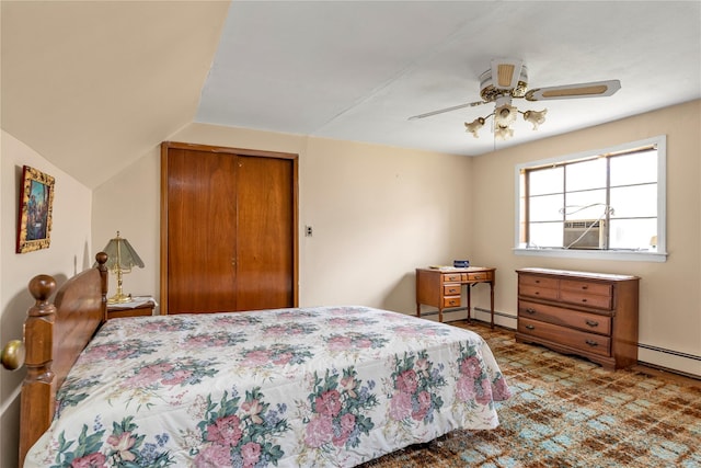 420 Old Country Rd, Melville, NY 11747 - bedroom featuring cooling unit, lofted ceiling, a ceiling fan, baseboard heating, and a closet
