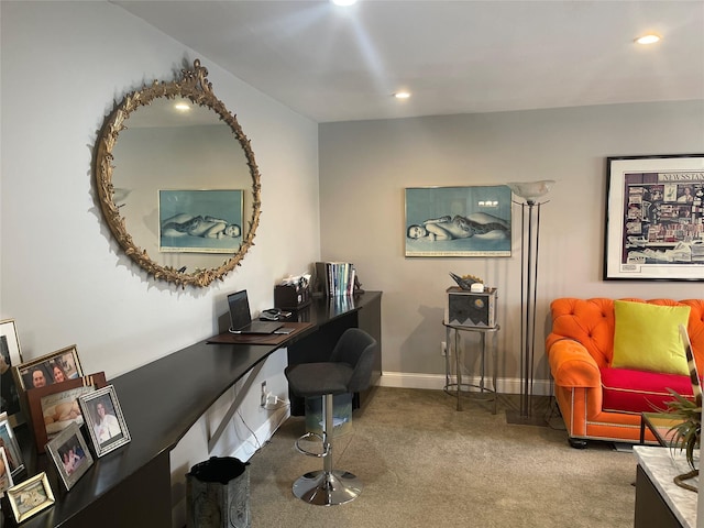 carpeted office with recessed lighting and baseboards