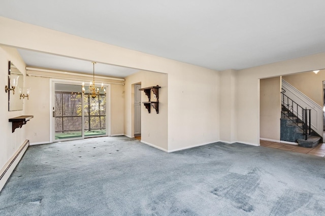 unfurnished living room featuring stairs, a baseboard heating unit, carpet, baseboards, and a notable chandelier