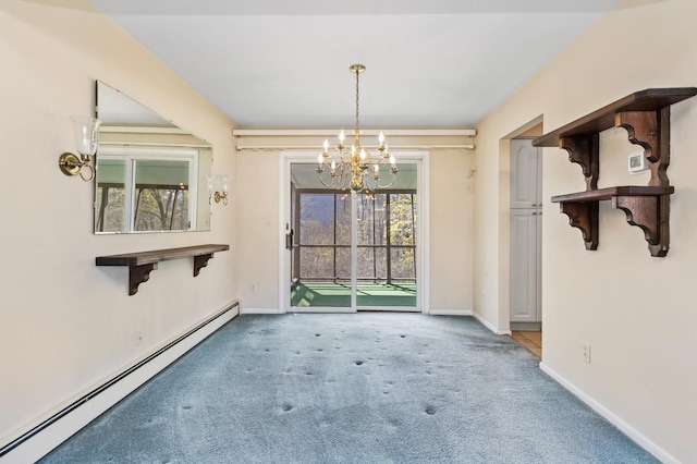 unfurnished dining area featuring baseboards, baseboard heating, carpet flooring, and a chandelier