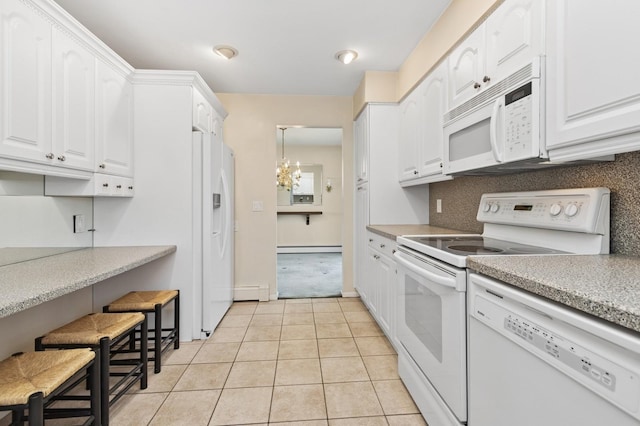 kitchen featuring a baseboard radiator, white appliances, light tile patterned floors, light countertops, and white cabinetry