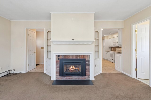 unfurnished living room featuring light colored carpet, baseboards, ornamental molding, and a fireplace