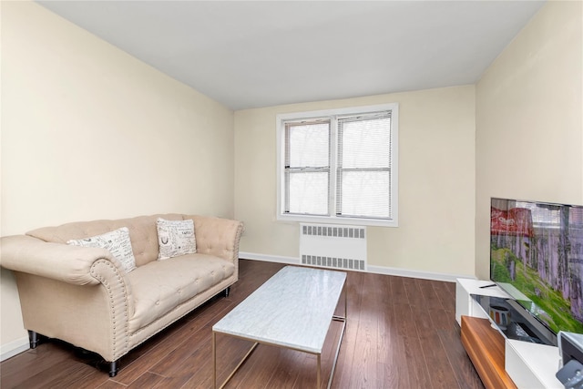 150-10 71st Ave Unit 5H, Kew Garden Hills, NY 11367 - living area with radiator, baseboards, and dark wood-style flooring