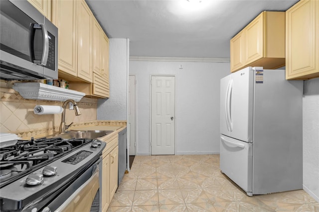 150-10 71st Ave Unit 5H, Kew Garden Hills, NY 11367 - kitchen featuring decorative backsplash, stainless steel appliances, light countertops, and a sink