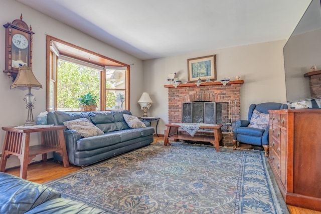 living area featuring wood finished floors and a fireplace