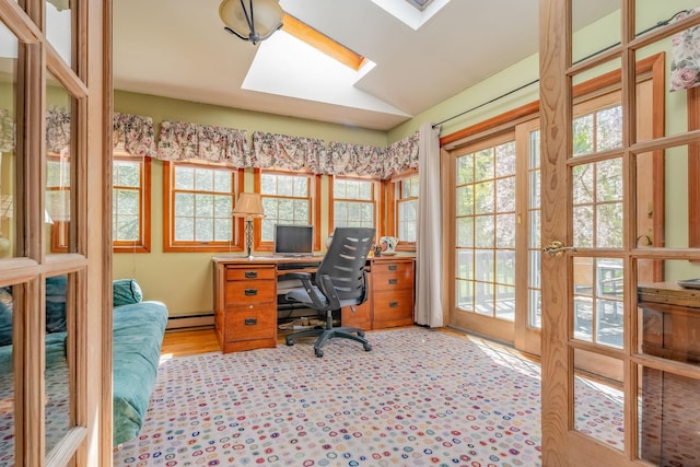 office area featuring a baseboard heating unit, a skylight, and french doors