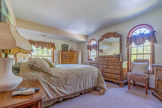 carpeted bedroom featuring multiple windows