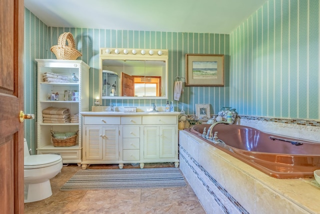 bathroom with wallpapered walls, toilet, a garden tub, vanity, and a shower with shower door