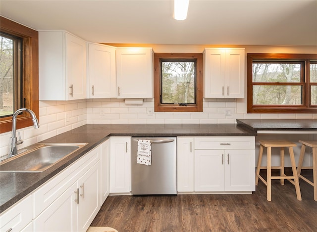 kitchen featuring stainless steel dishwasher, tasteful backsplash, a sink, and a wealth of natural light