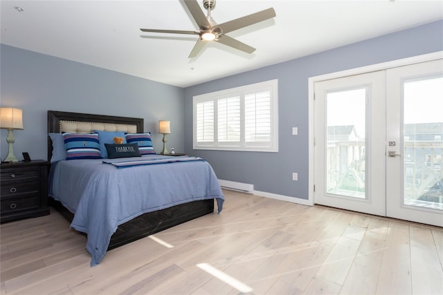 243 Sportsmans Ave, Freeport, NY 11520 - bedroom featuring light wood finished floors, french doors, baseboards, access to outside, and ceiling fan