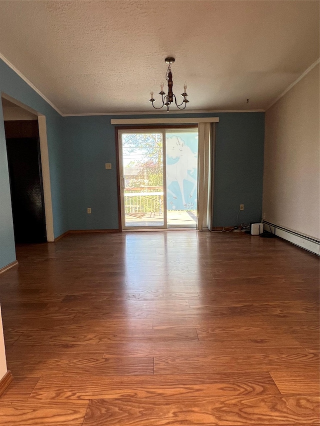 11 Keats Rd, Middletown, NY 10941 - spare room with crown molding, a chandelier, wood finished floors, a textured ceiling, and a baseboard radiator