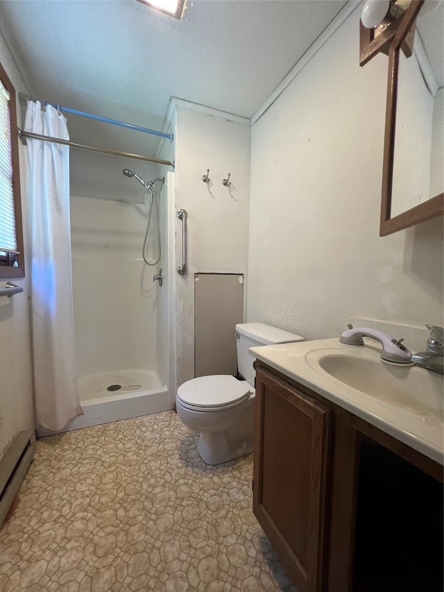 11 Keats Rd, Middletown, NY 10941 - bathroom with a stall shower, vanity, toilet, and a baseboard heating unit