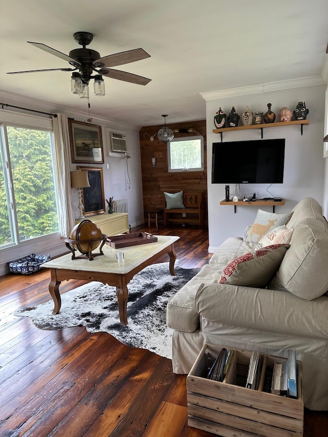 70 Mill Road Ext, Hyde Park, NY 12538 - living area with crown molding, wood walls, wood finished floors, a wall mounted air conditioner, and a ceiling fan