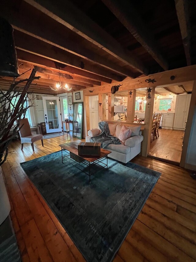 70 Mill Road Ext, Hyde Park, NY 12538 - living room with hardwood / wood-style flooring, beam ceiling, and french doors