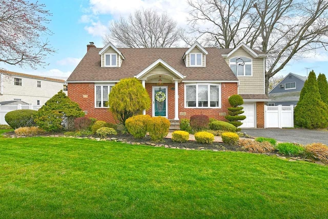 cape cod home with fence, driveway, a chimney, and brick siding