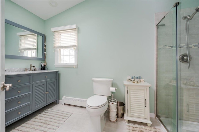 full bath with a baseboard heating unit, a shower stall, lofted ceiling, toilet, and vanity