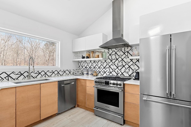 211 Red Dirt Rd, East Hampton, NY 11937 - kitchen with a sink, backsplash, wall chimney range hood, open shelves, and appliances with stainless steel finishes