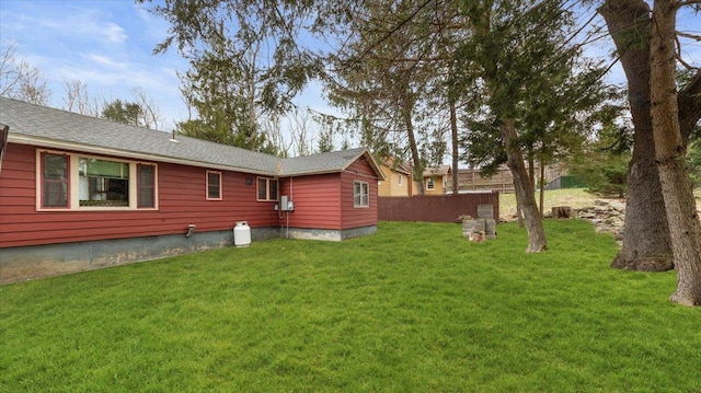 rear view of property with a lawn, fence, and roof with shingles