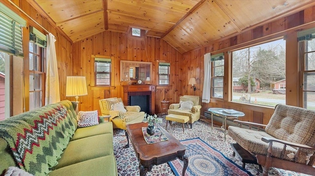 living room with wooden ceiling, vaulted ceiling, wood walls, and a brick fireplace