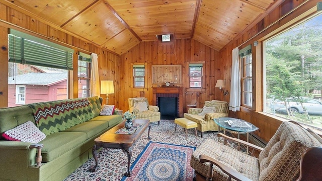 living room featuring wooden ceiling, lofted ceiling, wooden walls, and a fireplace