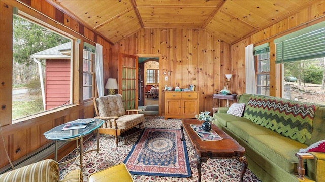 living area with lofted ceiling, plenty of natural light, and wood walls