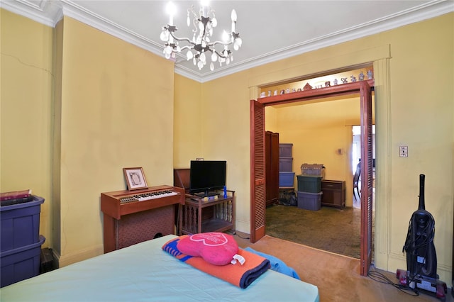 carpeted bedroom with an inviting chandelier and ornamental molding