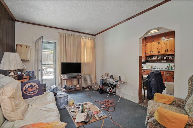 living area with crown molding, arched walkways, carpet, and a textured ceiling